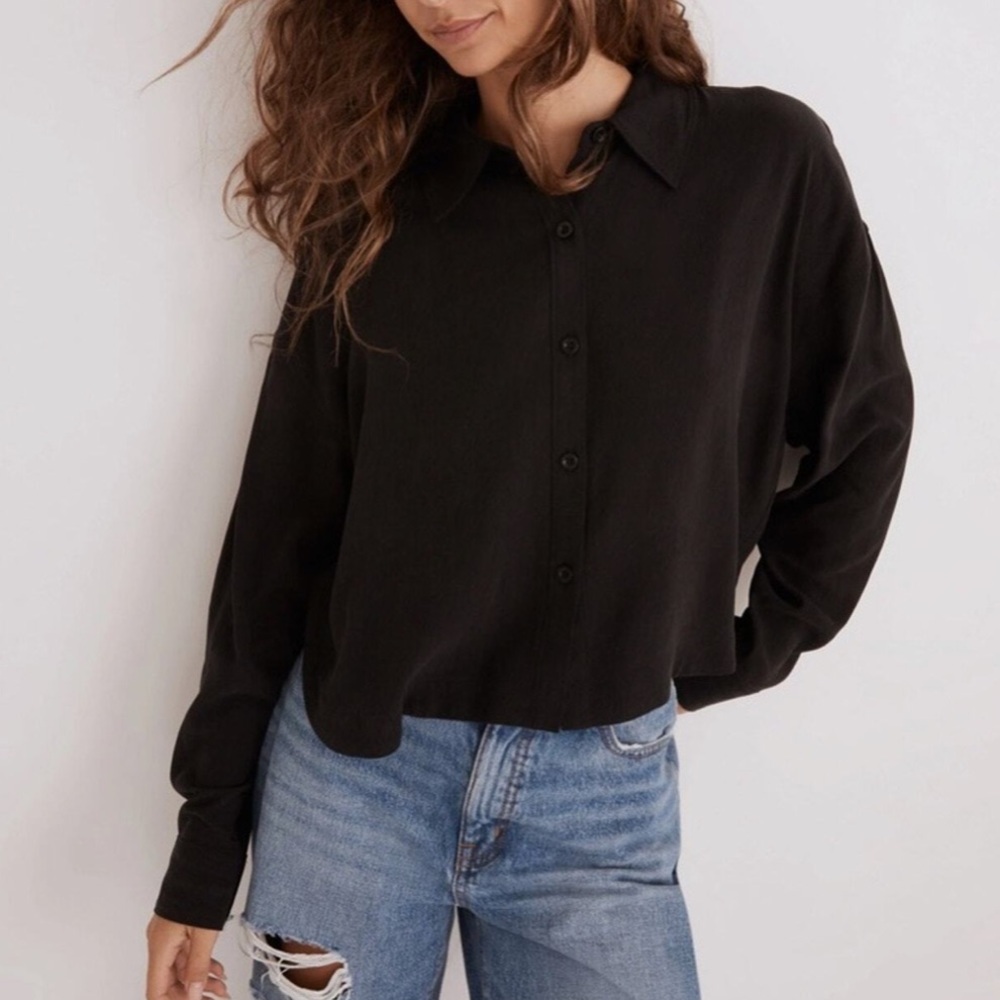 Madewell Black Lusterweave Hartfield Crop Shirt Button-Up Size S